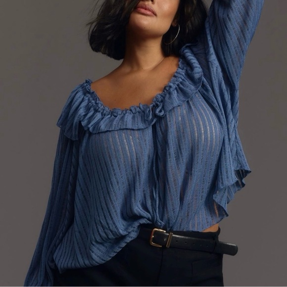 Anthropologie Tops - Anthropologie Long-Sleeve Sheer Striped Crop Blouse In Wedgwood Womens XL